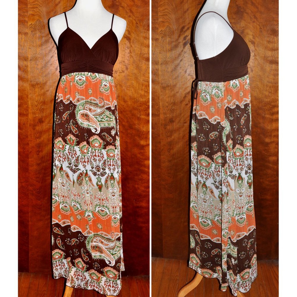 Candies Sheer Brown, Orange, Green, Tan & Ivory Maxi Dress Size L